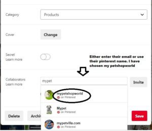 Invite Collaborators of a Pinterest group board through name 