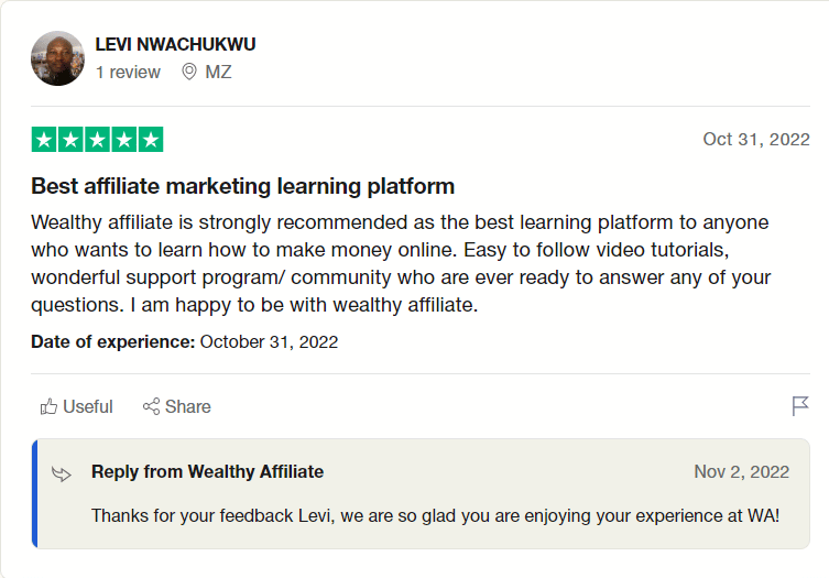 Review on Trustpilot Wealthy Affiliate
